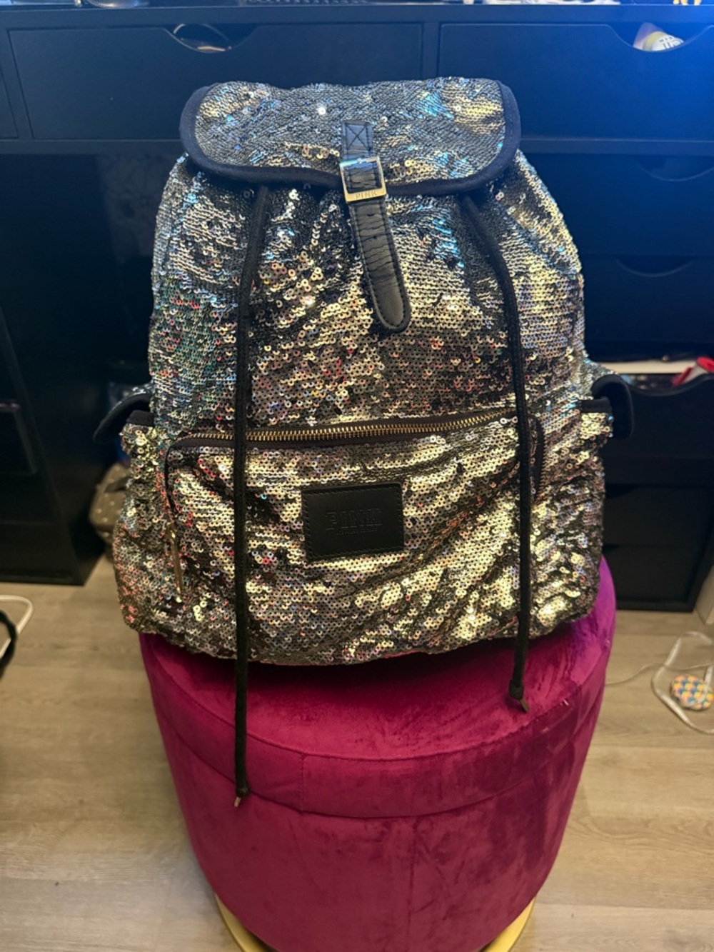 PINK Victoria's Secret Iridescent Sequin Drawstring Backpack - Silver/Black Trim